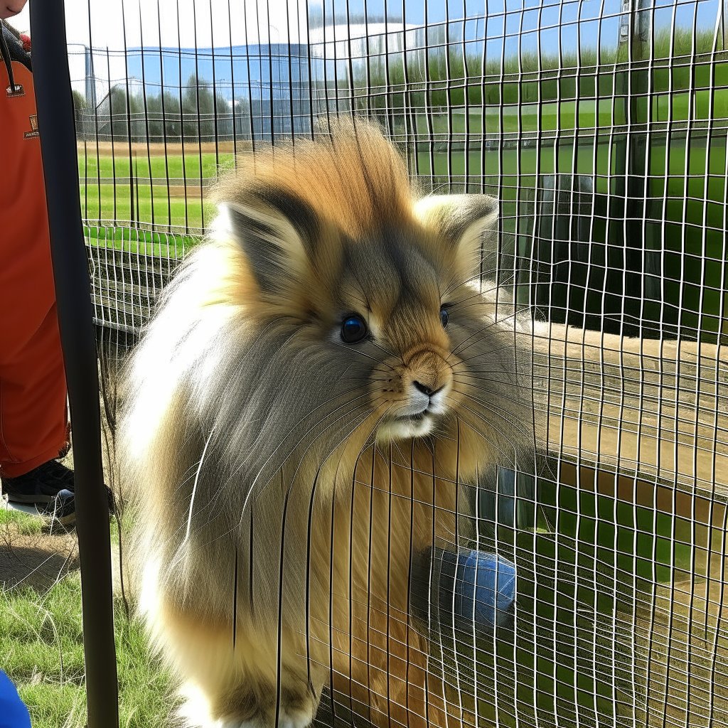 Full-grown lionhead rabbit in outdoor cage