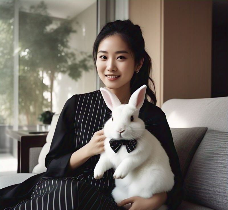 A lady siting with her pet white color Flemish bunny