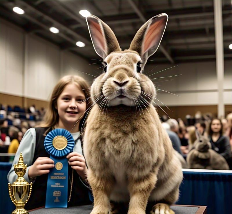 image showing a happy girls with her Flemish Giant Rabbit wining the rabbit show